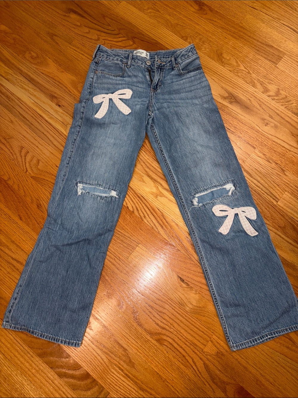 abercrombie kids Light Blue Denim Wide-Leg Jeans with Pink Bow Patches